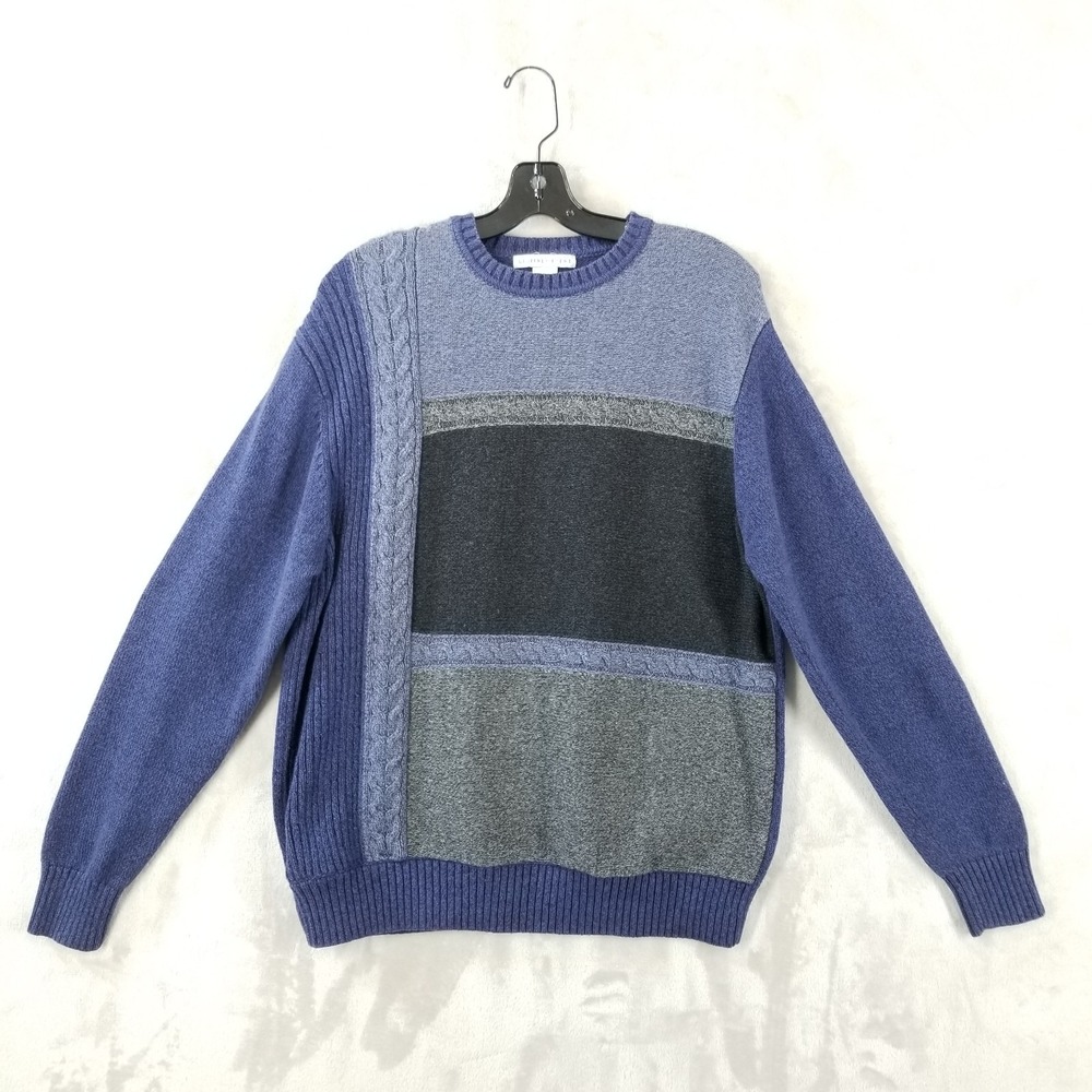 Vintage Geoffrey Beene Sweater Men Large Blue 100% Cotton Grunge Colorblock